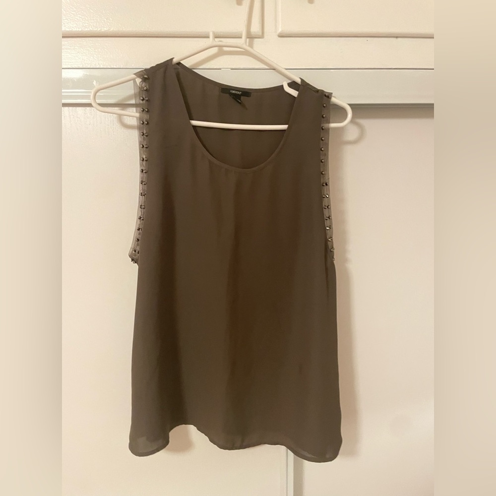 FOREVER 21 green olive top with rhinestone lined sleeves